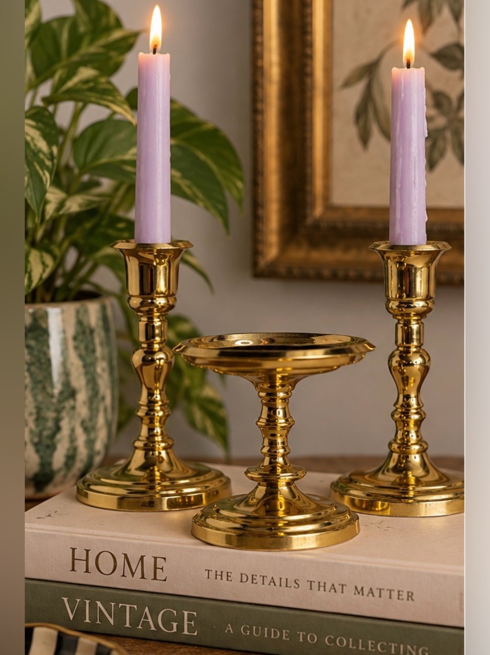 Vintage PartyLite Brass Taper Candle Holders & Pedestal Set Gold 3 Piece